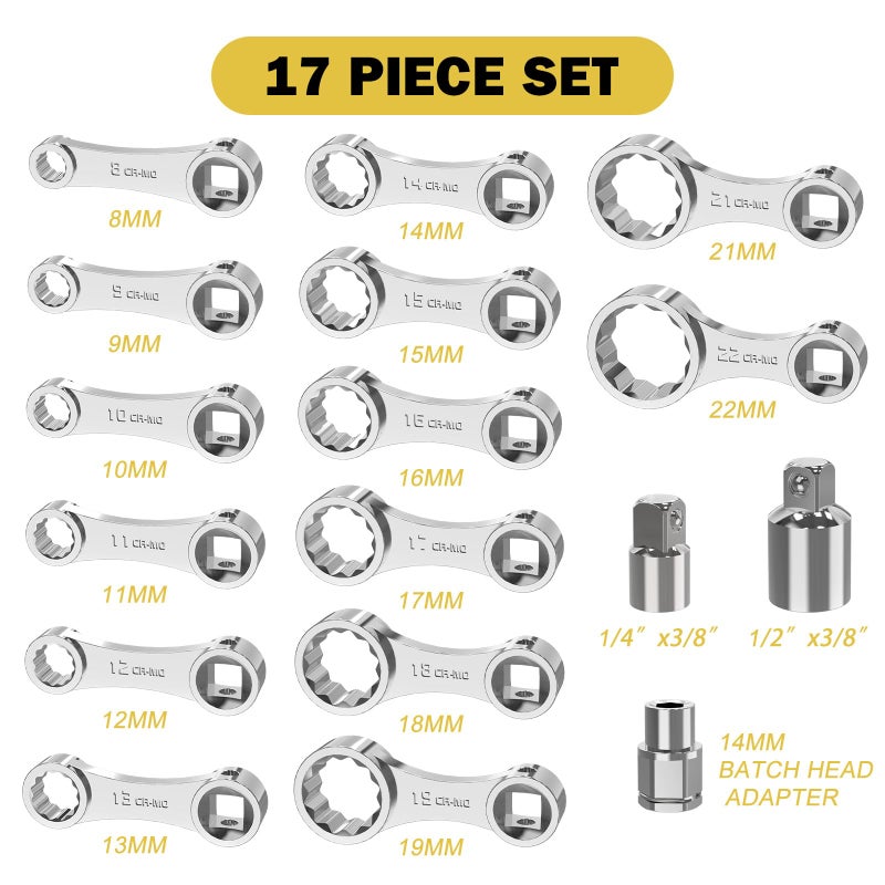 ANPUDS Torque Adapter Set  17 pcs Metric 12 Point Torque Adapter Extension Set  3/8"" Torque Wrench Adapter with 8  9  10  11  12  13  14  15  16  17  18  19  20  21  22mm  1/2''+1/4'' + Bit Adapter - Image 2
